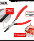 8 Inch Flat Nose Duck Bill Pliers With Cross Cut Teeth For Superior Grip In Tight Hard To Reach Narrow Spaces And Limited Clearance Areas Pro Grade Heavy Duty For Automotive And Electrical Work And More, featuring red ergonomic handles and cross cut teeth close-up.