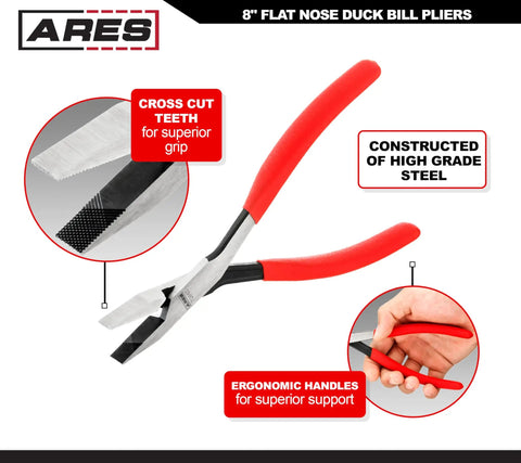 8 Inch Flat Nose Duck Bill Pliers With Cross Cut Teeth For Superior Grip In Tight Hard To Reach Narrow Spaces And Limited Clearance Areas Pro Grade Heavy Duty For Automotive And Electrical Work And More, featuring red ergonomic handles and cross cut teeth close-up.