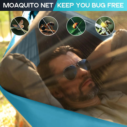 Man relaxing in blue Dope Mosquito Net Camping Hammock Double Or Single Ultra Portable With Two Tree Straps Cozy Indoor Outdoor Tent