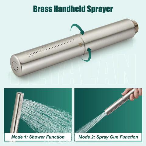 Brushed Nickel 12 Inch Square Rain Shower System With 2 In 1 Handheld Sprayer showing shower and spray gun functions