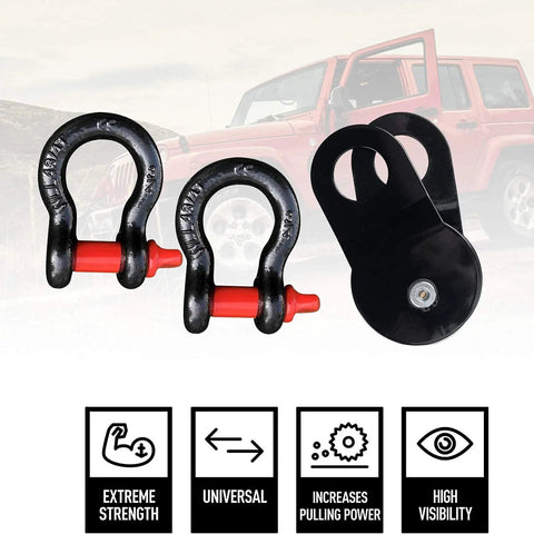 D-shackles and pulley from 11 Piece Offroad Recovery Kit For Jeep Truck SUV With Snatch Straps Winch Extension D Shackles Shovel
