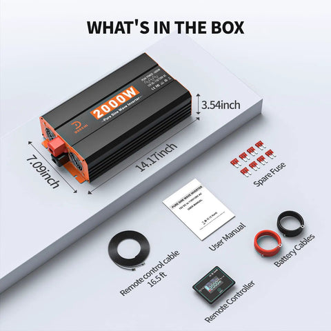 Solid Pure Sine Wave Power Inverter 12V DC To 120V AC Car Converter with included accessories on a flat surface.
