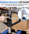 Heavy Duty Semi Electric High Lift Scissor Pallet Jack 3300 Lbs Capacity Powered Pallet Truck showing electric lift control button.
