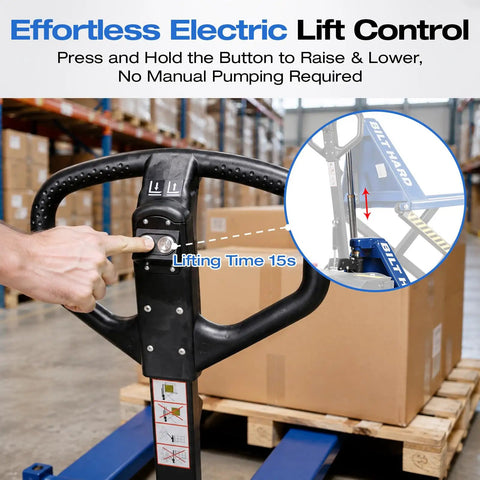 Heavy Duty Semi Electric High Lift Scissor Pallet Jack 3300 Lbs Capacity Powered Pallet Truck showing electric lift control button.