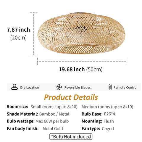 Coastal Boho 20 Inch Ceiling Fan With Light Rattan Caged Flush Mount Enclosed Blades 6 Speed Reversible Motor dimensions