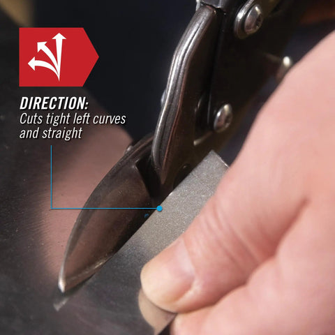 Left Cut Offset Aviation Snips 10 Inch Workhorse For Sheet Metal in action, cutting tight left curves on metal sheet