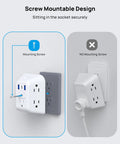 5 Outlet USB Wall Plug Extender With USB C Port And 1440J Surge Protector On Off switch showing screw mountable design