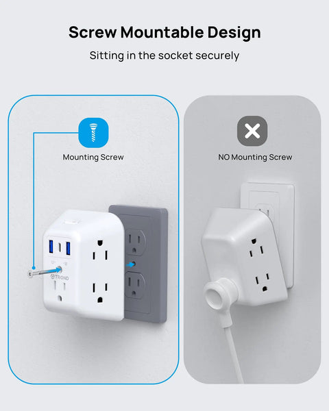 5 Outlet USB Wall Plug Extender With USB C Port And 1440J Surge Protector On Off switch showing screw mountable design