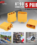Rock Solid Xt90 Connector Plug Set Male And Female With Gold Plated Contacts High Temp Nylon For LiPo Batteries, showing five pairs.