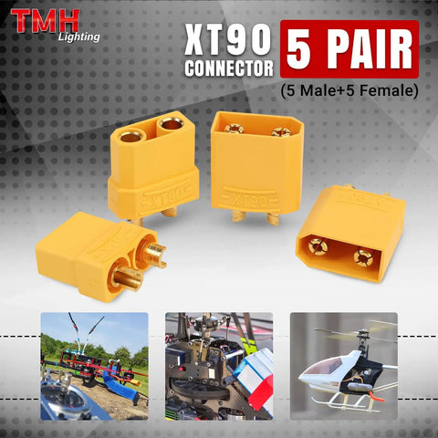 Rock Solid Xt90 Connector Plug Set Male And Female With Gold Plated Contacts High Temp Nylon For LiPo Batteries, showing five pairs.