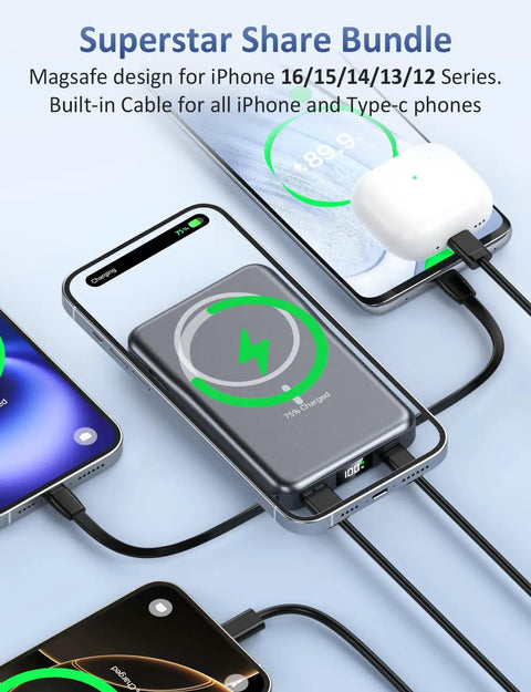 Magnetic Portable Charger 10000mAh Power Bank With 20W Fast Charge And Built In Cable charging multiple phones with battery indicators