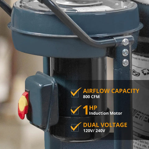 Close-up of 1 HP Dust Collector With 1 Micron Bags And Mobile Base, highlighting control panel and specifications.