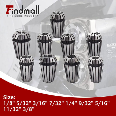 Nine Piece ER16 Spring Collet Set For CNC Milling Lathe Tools One Eighth To Three Eighths Inch Sizes displayed on lathe background.