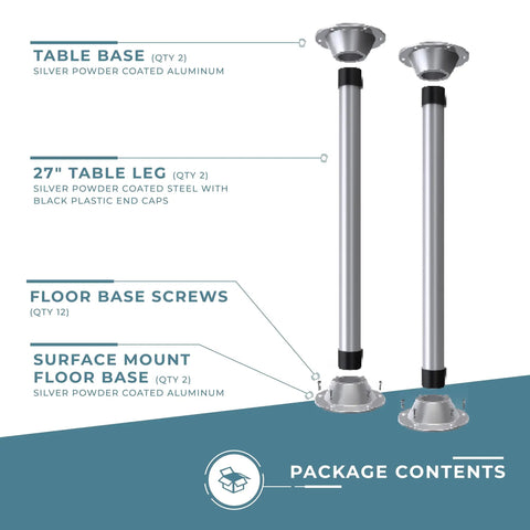 SurFit 27 Inch RV Table Leg System Two Complete Leg Sets Surface Mount Silver With Aluminum Floor And Table Bases Package Contents