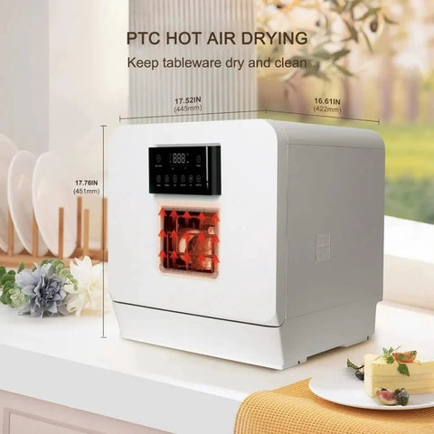Portable Countertop Dishwasher With Built In Water Tank And Pull Rack Features 360 Dual Spray Arms Hot Dryer displayed on kitchen counter.