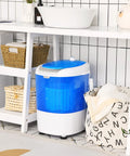 Compact Portable Washing Machine, 5 Point 5 Lb Mini Washer And Spinner Combo, in a stylish bathroom setup with a blue top.
