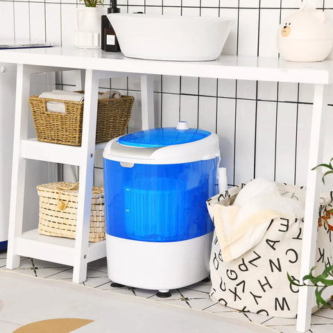 Compact Portable Washing Machine, 5 Point 5 Lb Mini Washer And Spinner Combo, in a stylish bathroom setup with a blue top.