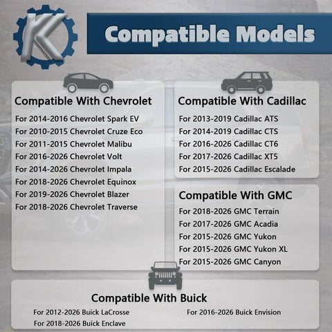 Compatible vehicle models list for Direct Fit Replacement Grille Shutter Actuator Motor 84375398 for Chevy GMC Cadillac trucks.