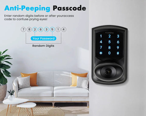 Keypad Door Knob With Passage Mode Keyless Entry Smart Door Lock With Big Backlit Panel HD Digital Backlight 99 User Codes Electronic Zinc Metal Housing For Modern Homes, shown near modern living room setup