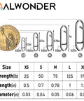 Power Speed Clips for Fishing High Strength Stainless Steel Quick Change Lure Connectors size chart with XS to XL dimensions.
