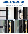 Two Pack Storm And Screen Door Push Button Latch Set for 5/8 to 1-1/4 inch thick doors, showing installation and application details.