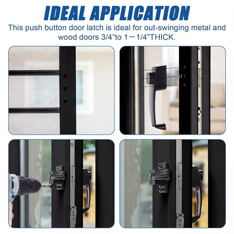 Two Pack Storm And Screen Door Push Button Latch Set for 5/8 to 1-1/4 inch thick doors, showing installation and application details.