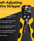 Self Adjusting 3 In 1 Wire Stripper Cutter And Crimp Tool For 10 24 AWG Electrical Cables with usage guide and tools visible