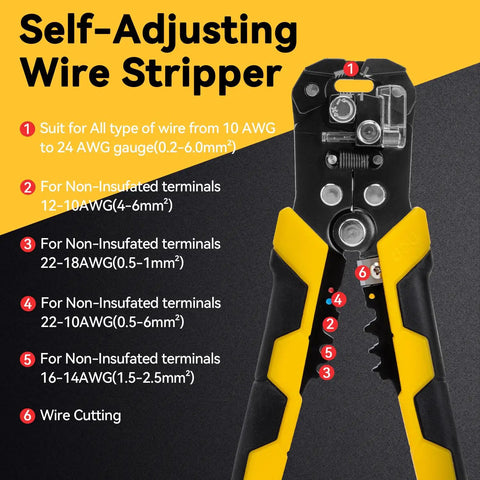 Self Adjusting 3 In 1 Wire Stripper Cutter And Crimp Tool For 10 24 AWG Electrical Cables with usage guide and tools visible