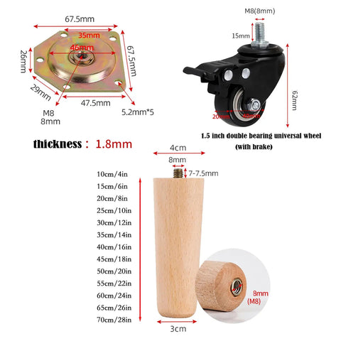 Dimensions and details of 4 Pack Solid Beech Wood Furniture Legs With Wheels And Brakes Tapered Replacement Feet