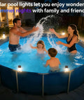Family enjoying framed above-ground pool illuminated by Six Pack Solar Pool Lights For Framed Above Ground Pools Waterproof Outdoor Garden Night Lights Easy Install Warm White Glow For Pool Deck Fence And Yard Decor Gray.