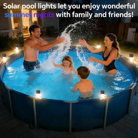 Family enjoying framed above-ground pool illuminated by Six Pack Solar Pool Lights For Framed Above Ground Pools Waterproof Outdoor Garden Night Lights Easy Install Warm White Glow For Pool Deck Fence And Yard Decor Gray.