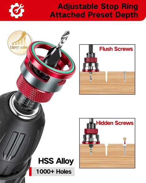 7 Piece Countersink Drill Bit Set With Four Flute HSS M2 Tapered Bits, Adjustable Depth Stop Collar And Wrench in use