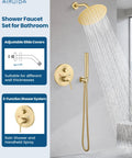 Heavy Duty Brushed Gold Shower Faucet Set Featuring Eight Inch Overhead Rainfall Head with adjustable slide covers and handheld spray.