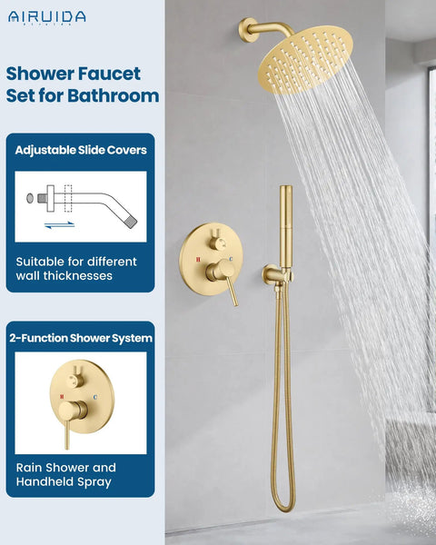 Heavy Duty Brushed Gold Shower Faucet Set Featuring Eight Inch Overhead Rainfall Head with adjustable slide covers and handheld spray.