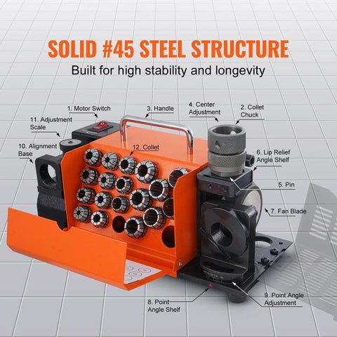 Heavy Duty Drill Bit Sharpener For Professionals And DIY Heroes, precise structure with 18 collets and solid #45 steel.