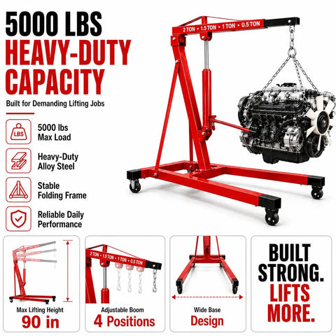5000 Lbs Folding Engine Hoist Cherry Picker Crane Hydraulic Pump Heavy Duty Alloy Steel Frame in use lifting engine.