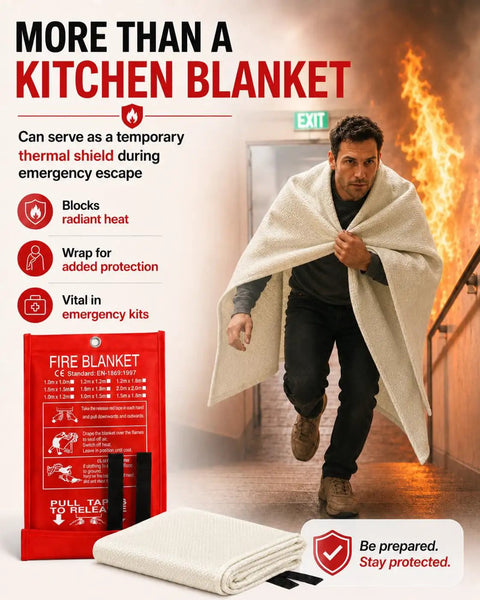 Two Pack Hella Tough Emergency Fire Blanket, 40 Inch Premium Fiberglass Flame Resistant Sheet in use during an emergency escape.