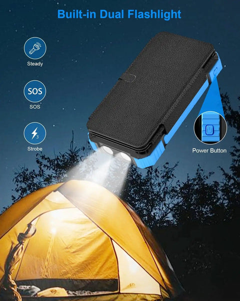 All-In-One Solar Power Bank 49800mAh With 4 Built-In Cables And 3 Foldable Panels, 22.5W PD, illuminating flashlight on tent