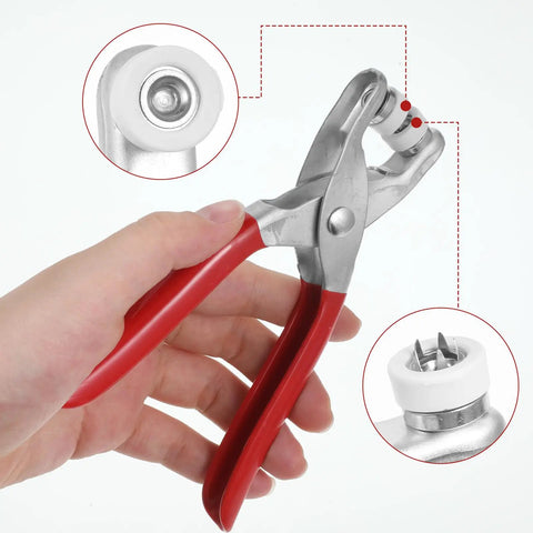 Person holding Heavy Duty Snap Fastener Pliers Kit With 100 Snap Buttons For DIY Fabric Sewing Leather Craft And Clothing Repair Easy Press Tool For Quick Durable Snaps