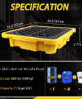 Drum Spill Containment Pallet With Drain, Heavy Duty Leakproof Platform For Garage, Shop, Basement, And Industrial Storage, 26.4 By 26.4 Inches, 2200 Lb Load Capacity, 11.36 Gallon Sump