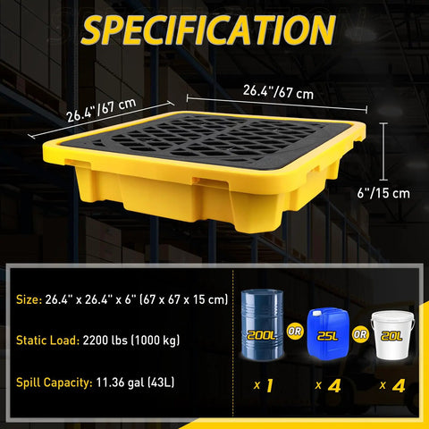 Drum Spill Containment Pallet With Drain, Heavy Duty Leakproof Platform For Garage, Shop, Basement, And Industrial Storage, 26.4 By 26.4 Inches, 2200 Lb Load Capacity, 11.36 Gallon Sump