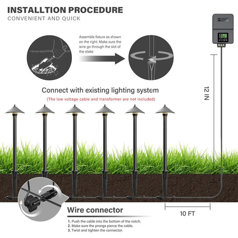 Installation diagram of Low Voltage Pathway Lights 6 Pack Outdoor Landscape Lighting 12V 10W 2700K Warm White