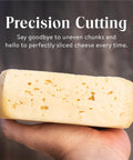 Hand holding cheese beneath text about precision cutting with Pro Grade Stainless Steel Cheese Slicing Wires Set 12 Wires 36 Inch Long Replacement Kit.