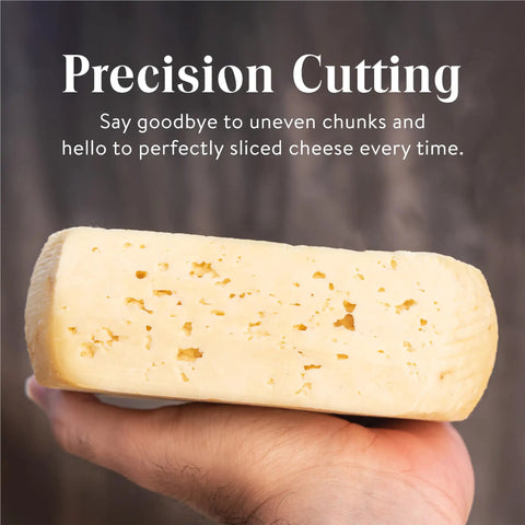 Hand holding cheese beneath text about precision cutting with Pro Grade Stainless Steel Cheese Slicing Wires Set 12 Wires 36 Inch Long Replacement Kit.