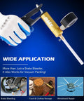 All-In-One Brake Bleeder Kit with Hand Vacuum Pump held in glove, demonstrating wide application uses.