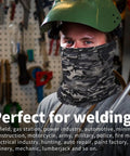 Straight Up Flame Resistant Neck Gaiter Two Pack With Fire Retardant Face Mask For Job Site Safety Welding Motorcycle Riding And Wildfire Protection Breathable UV Shield worn by worker in workshop.