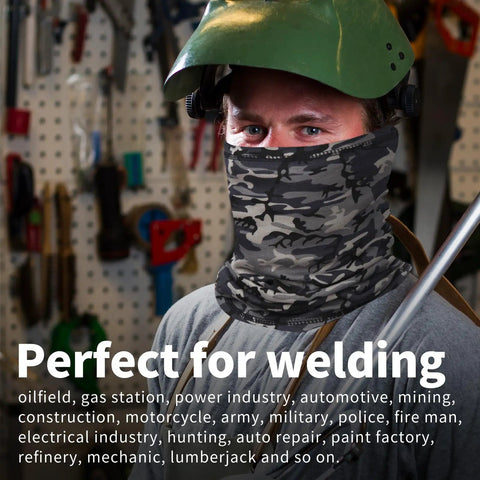 Straight Up Flame Resistant Neck Gaiter Two Pack With Fire Retardant Face Mask For Job Site Safety Welding Motorcycle Riding And Wildfire Protection Breathable UV Shield worn by worker in workshop.