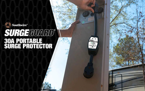 RV Surge Protector 120V 30A With Led Voltage Monitor And Built In Circuit Tester attached to power pedestal at campground.