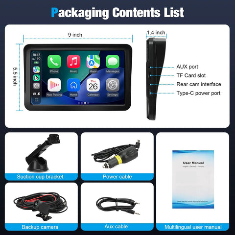 9 Inch Wireless CarPlay Screen For Cars With Apple CarPlay And Android Auto Receiver packaging contents list display.