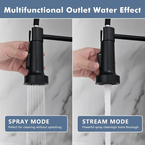 Pull Down Sprayer Kitchen Faucet With Single Hole Mount Stainless Steel Sink Faucet For Farmhouse RV Laundry Room Outdoor And Campers Black Nickel Finish showing spray and stream modes